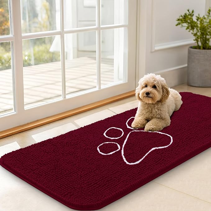 OLANLY Dog Door Mat for Muddy Paws 70x35, Paw Print Design Chenille Mud Mat | Burgundy, Absorbent, Traps Moisture and Dirt, Non-Slip Washable Doormat, Quick-Drying Indoor Entryway Floor Carpet for Dogs