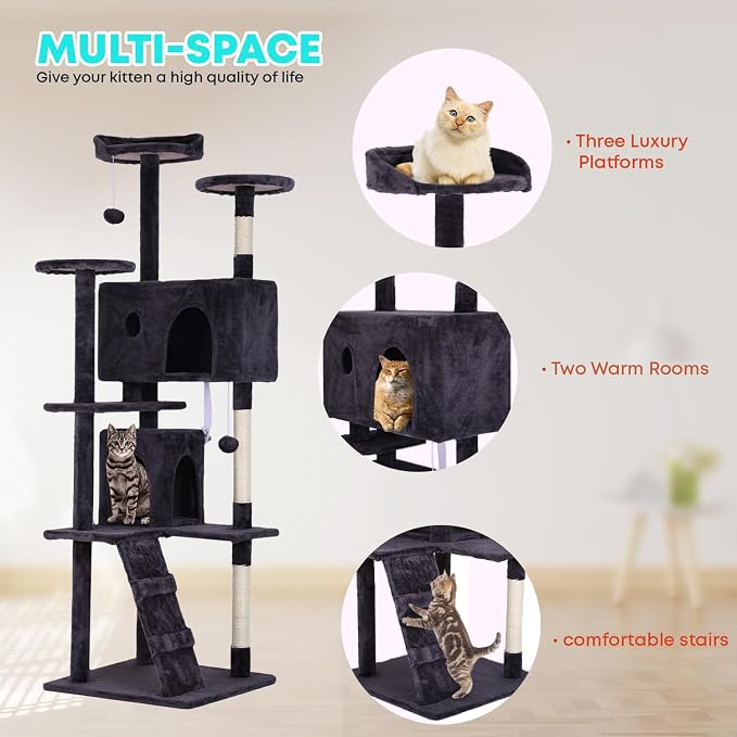 FDW | 70" Cat Tree Tower | Ashy | Multi-Level Indoor Activity Center with Sisal Scratching Posts, Condos, Plush Perches, Hanging Cat Toys | Sturdy, Easy to Assemble | for Kittens & Adult Cats