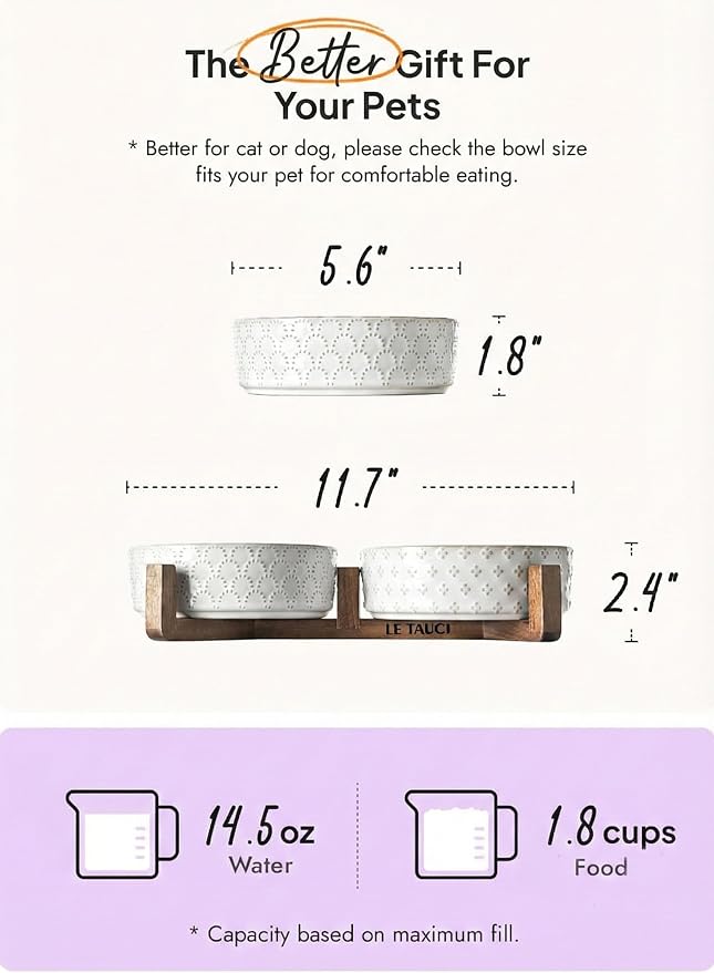 LE TAUCI Dog Bowl Set with Acacia Wood Stand - 1.8-Cup Ceramic Puppy Bowls for Small Dogs, Dual Food and Water Bowls with Weighted Non-Slip Base