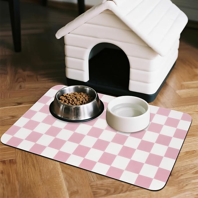 CooRug Checkered Dog Food Mat, Pet Feeding Mat 24" L x 16" W, Pink | Absorbent, Leak-Proof, Anti-slip, Quick Dry, Eco-friendly Materials, Easy to clean and store, For Messy Drinkers