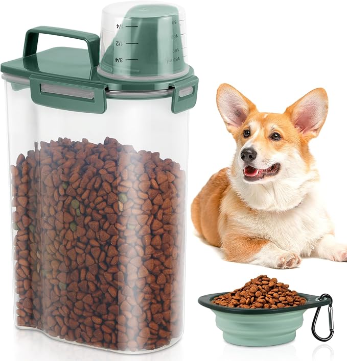 3 Lbs Pet Dog Food Storage Container for Bird Seed Rice Flour - Pine Green | Cat Food Containers with Collapsible Bowl for Travel Airtight 5 Lbs Rice Cereal Oatmeal Holder with Pour Spout Measuring Cup