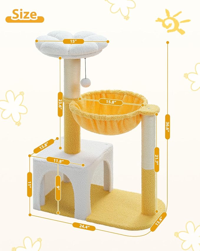 Cute Cat Tree with Flower Top Bed - Cloud Scratching Posts, 35" Small Cat Tower with Large Metal Frame Hammock for Indoor Cats, White Cat Condo for Kittens, Yellow