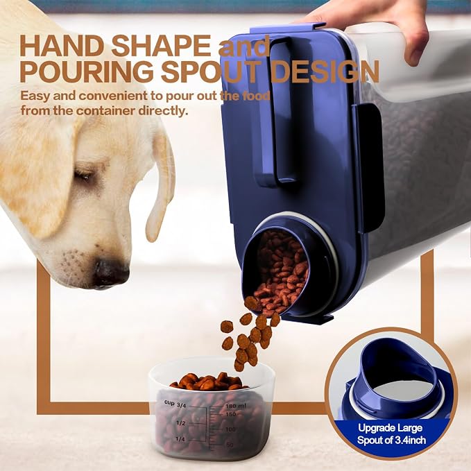 TIOVERY Dog Food Storage Container, 5-7 Lbs Airtight Pet Food Container, Cat food Container Dispenser with Portable Handle, Pouring Spout and a Collapsible bowl for Dogs Cats Navy Blue/6Qt