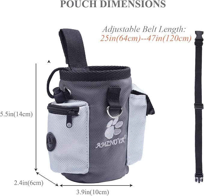 AMZNOVA Dog Treat Pouch Treatnow Dog Treat Bag, 3 Cups, Grey | Training Pouch with Waist Belt & Clicker for Training & Walking, Waist Clip On Snack Fanny Pack for Pet