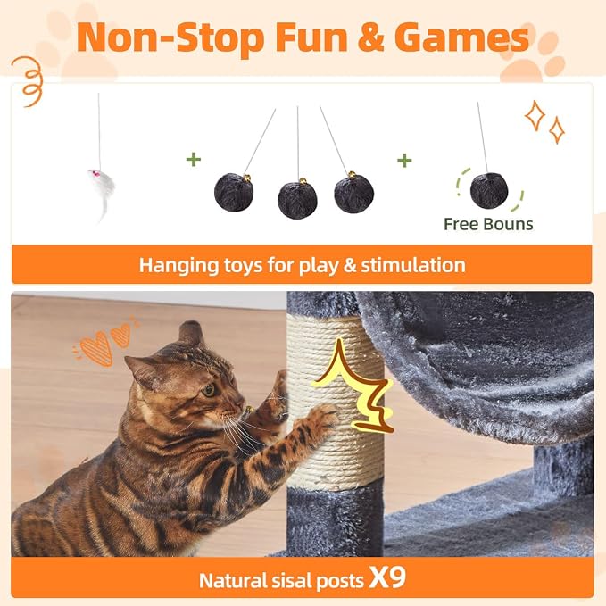 Taoqimiao Large Cat Tree, 73 in Tall Cat Tower with 2 Plush Big Cat Condos | 9 Scratching Posts, 2 Top Perches, Cozy Hammock & Basket, Indoor Cats, 2 Pompoms & Mouse Toy, Smoky Gray, MS013XLG