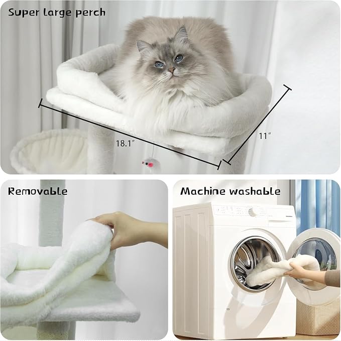 Beige 68 Inches Multi-Level Large and Tall Cat Tree Tower for Indoor Cats/Removable Pad/Cat Condo/Sisal Scratching Posts/Hammock/Cat Activity Center/Wide Base,White