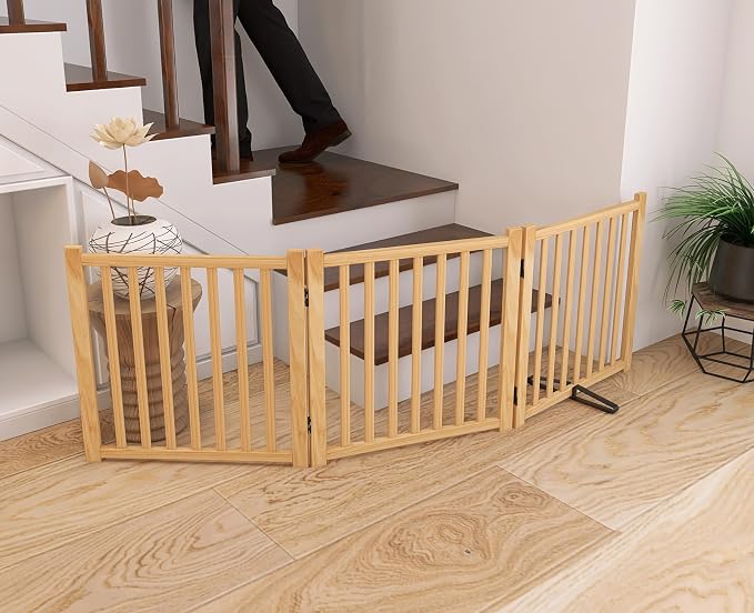 YOCAN Non-Painted Wooden Freestanding Dog Gates for The House,Doorways, Stairs,Wood Dog Fences Indoor Pet Gate,Step Over Fence-3 Panels L:69" H:23"