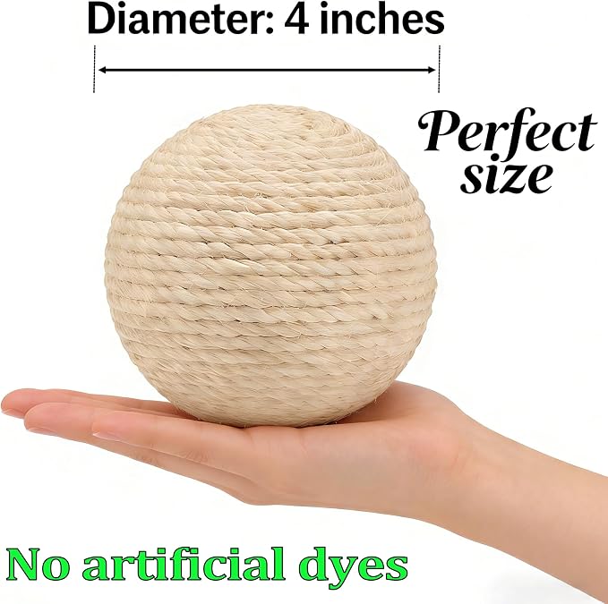 4-Inch Sisal Cat Toy Balls with Crinkle Sound | Indoor Cat Toys for Teething, Claw Sharpening & Play | Large Size Prevents Rolling Under Furniture (Natural)