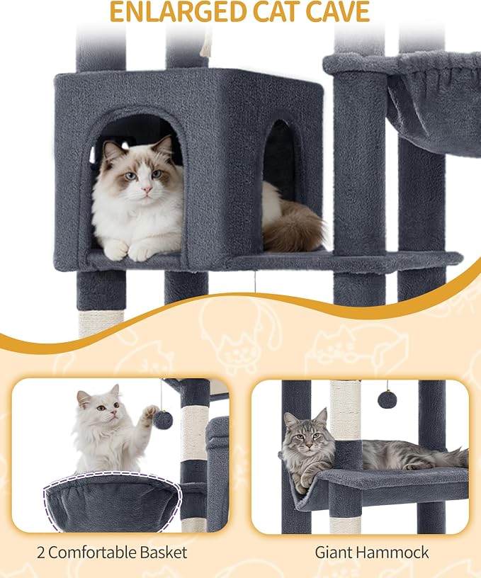 Hzuaneri Tall Cat Tree 84 Inch, Indoor Large Multi-Level Cat Tower | Cat Condo Furniture with 5 Scratching Post, 2 Hanging Basket, 2 Condo, 2 Large Platform, Pet Play House, Dark Grey MS21318SG