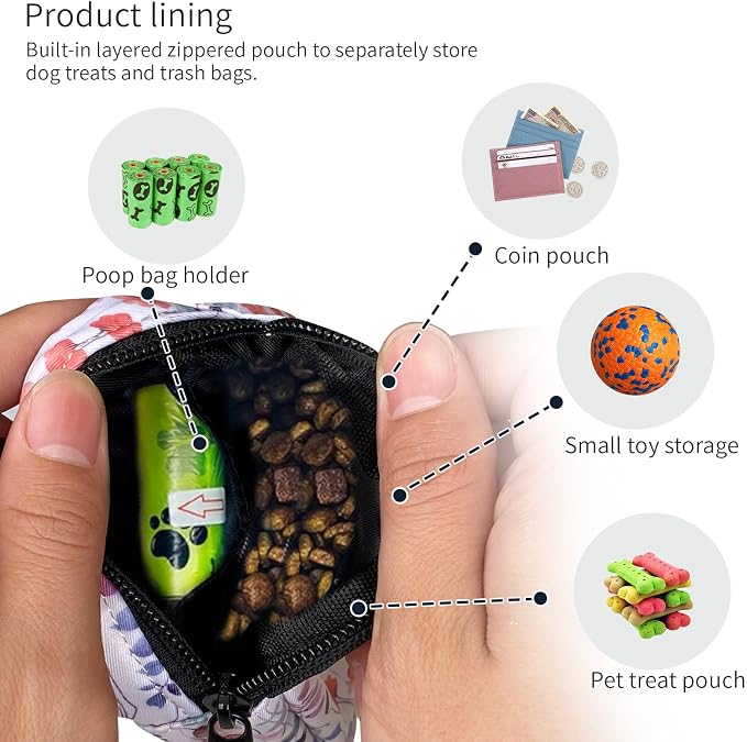 Dog Treat Pouch,Treat Pouches for Pet Training,Portable Snack Reward Dog Food Dispenser for Traveling or Outdoor Use，White Flower