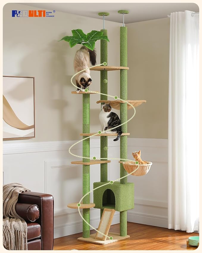 PEQULTI Floor to Ceiling Cat Tree Tower, Height Adjustable 230-252cm, Green | Cactus climbing pole for large cats with cat condo, hammock & sisal scratching posts; measure ceiling, fits 230-252cm