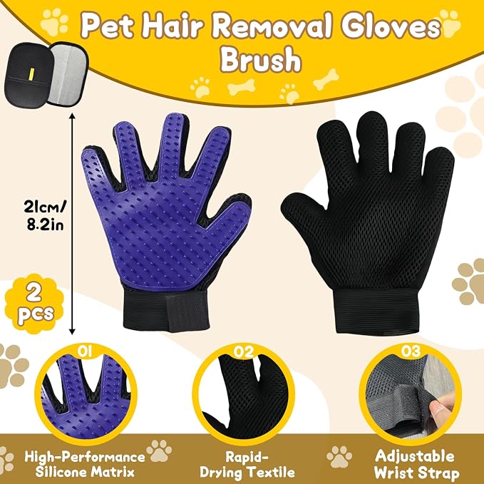 8 Pcs Pet Grooming Gloves for Shedding, Blue | 6x Reusable Cat & Dog Hair Removal Gloves, 1 Pair 2-in-1 Deshedding Brush & Massage Mitt, Safe for Dogs & Cats, Efficient