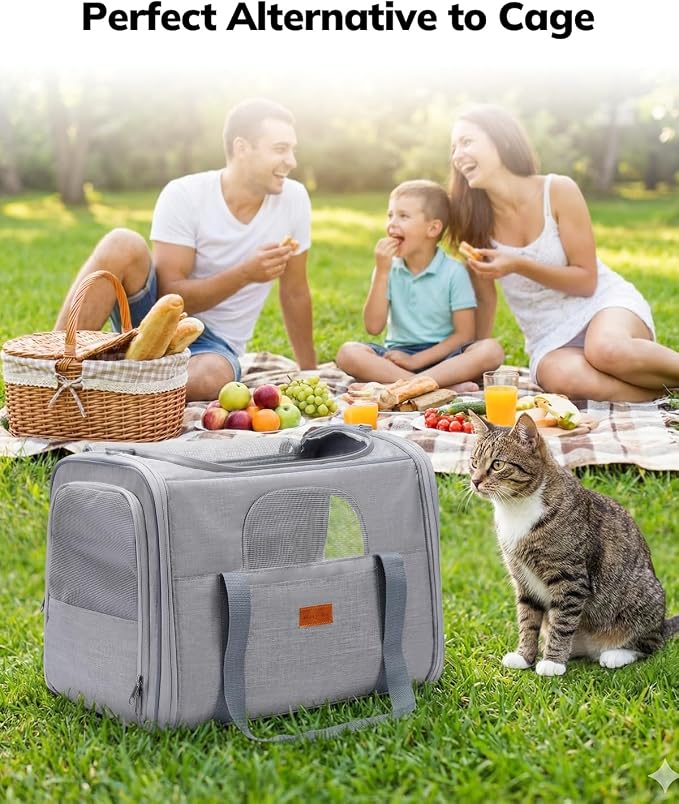 Morpilot Pet Travel Carrier Bag, Soft-Sided Dog Carrier Cat Carrier Pet Carrier, for Large Cats and Medium Puppies up to 25lbs, w/Locking Safety Zippers, Foldable Bowl (Light Gray)