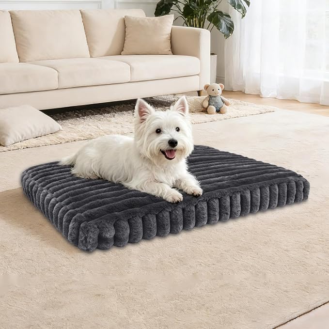 Dog Crate Bed Warm Grey 34.6"x22.8" for Medium Small Dogs | Flat Dog Crate Bed Waterproof for Large Meduim Dogs Pet Beds with Plush Removable Washable Cover Anti Slip Bottom for Indoor