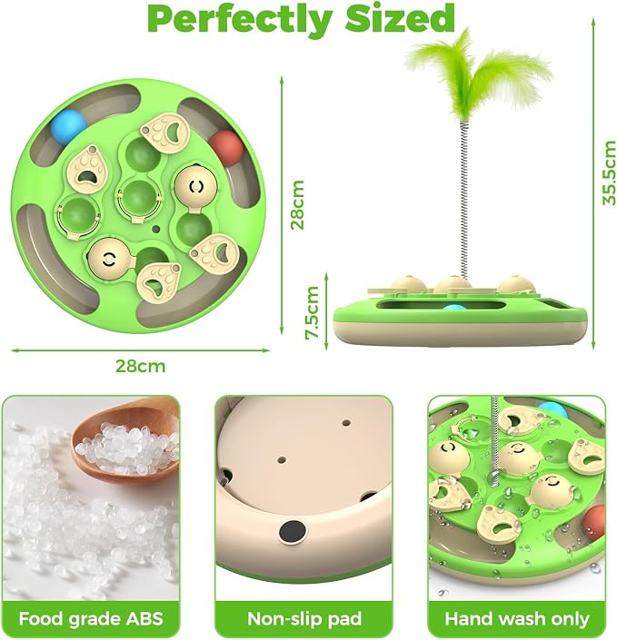 3 in 1 Cat Treat Puzzle Feeder, Level 3 Interactive Cat Puzzle Toy with Track Balls, Feather Teaser & Slow Feeder Insert, Non-Slip Base, Mental Stimulation for Bored Indoor Cats, Green