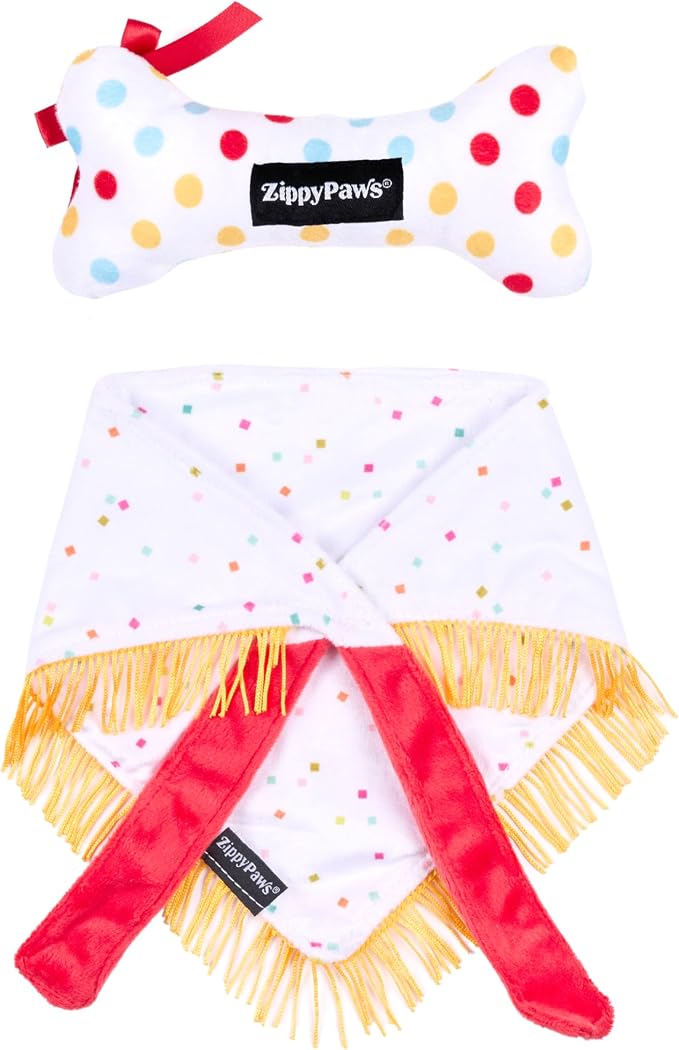 ZippyPaws Dog Birthday Gift Bandana & Bone - Cute Accessories for Girl & Boy Dogs, Holiday Set, Fits Small, Medium, & Large Dogs, Stuffed Plush Toy, Machine Washable Handkerchief - One Size Fits Most