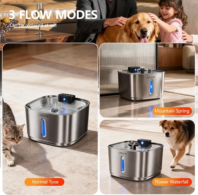 Automatic Cat Water Fountain, Wireless Pet Water Fountain Stainless Steel, Ultra Quiet Pump, Motion Sensor, Easy to Clean, USB Rechargeable, 3.2L/108oz for Multiple Cats & Small Dogs