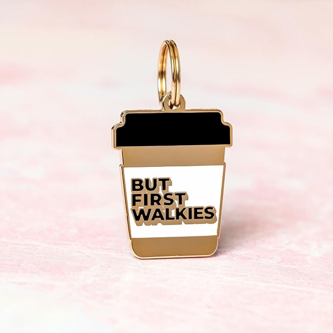 Two Tails Pet Company Personalized 'But First Walkies' Pet ID Tag & Collar Charm - Custom Engraved Dog Tags for Pets - Luxury Brass, Gold Plating