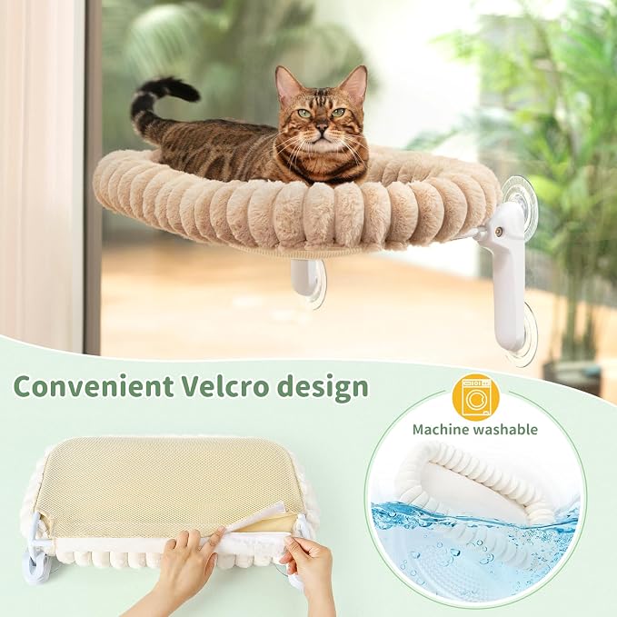 Sunhoo Foldable Cat Window Perch, Large Suction Cup Kitty Hammock, Tan | Windowsill Pet Bed for Cats Inside, Cordless Kitten Seat Supports 40 lbs, Soft Reversible Plush Cushion, Machine Washable