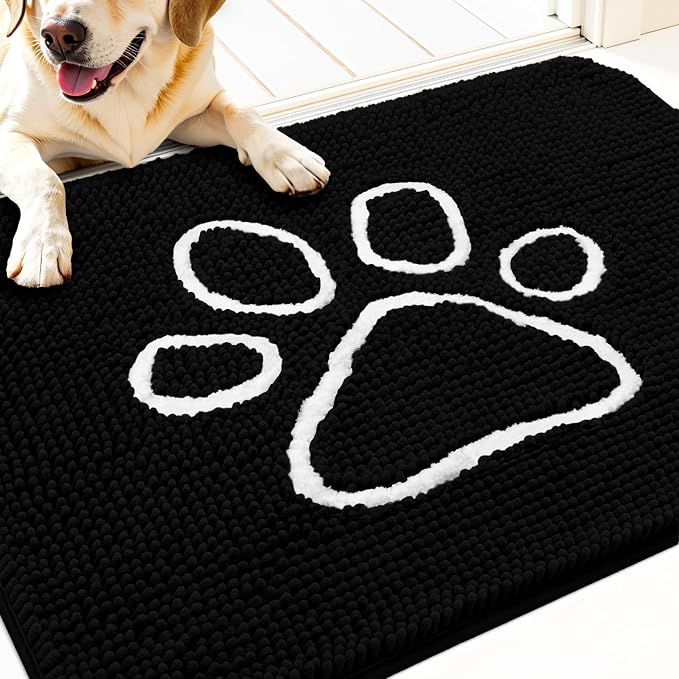 OLANLY Dog Door Mat for Muddy Paws 32x20, Paw Print Design Chenille Mud Mat | Black, Absorbent, Traps Moisture and Dirt, Non-Slip Washable Doormat, Quick-Drying Indoor Entryway Floor Carpet for Dogs