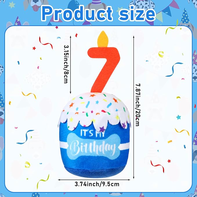 Dansydaisy Dog Birthday Cake Toy Squeaky Plush Toy for Girl Boy Gifts, Chew Accessories for Dog Birthday Party Decor Favor for Large, Medium and Small Dogs(7th,Blue)