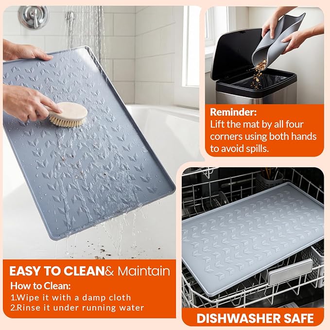Silicone Pet Feeding Mat - 100% Waterproof Dog & Cat Bowl Pad with Raised Edges - Protects Floors from Messy Eaters & Spills - Anti-Slip, 100% PET-Safe, Dishwasher Safe (Grey 22" x 14")