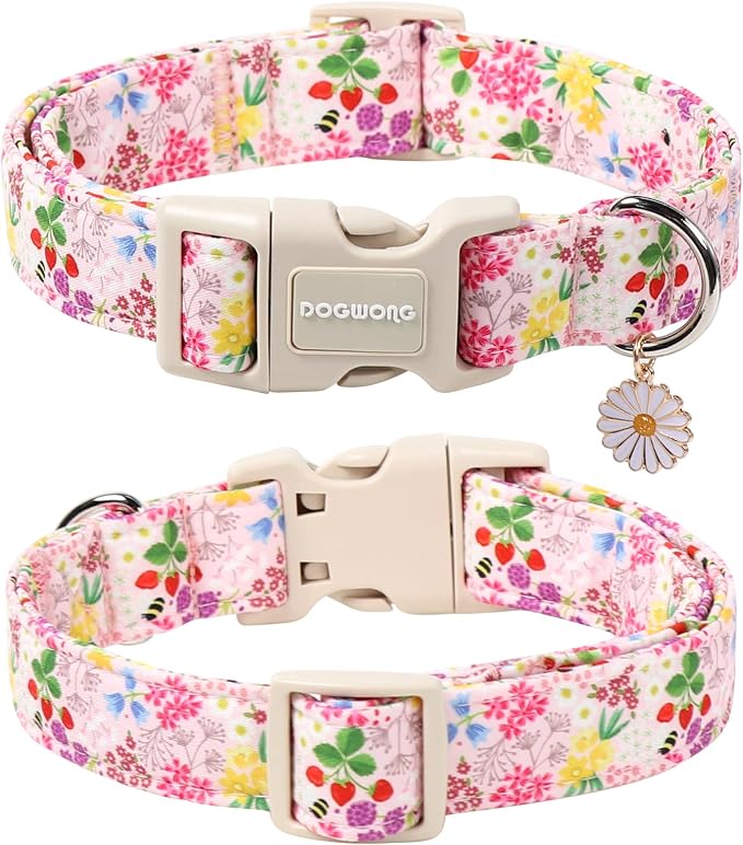 DOGWONG Flower Dog Collar, Cute Girl Dog Collars, Adjustable Pink Flower Pet Collars Design Dog Collar with Quick Release Buckle for Puppy Girl Boy Female Dogs