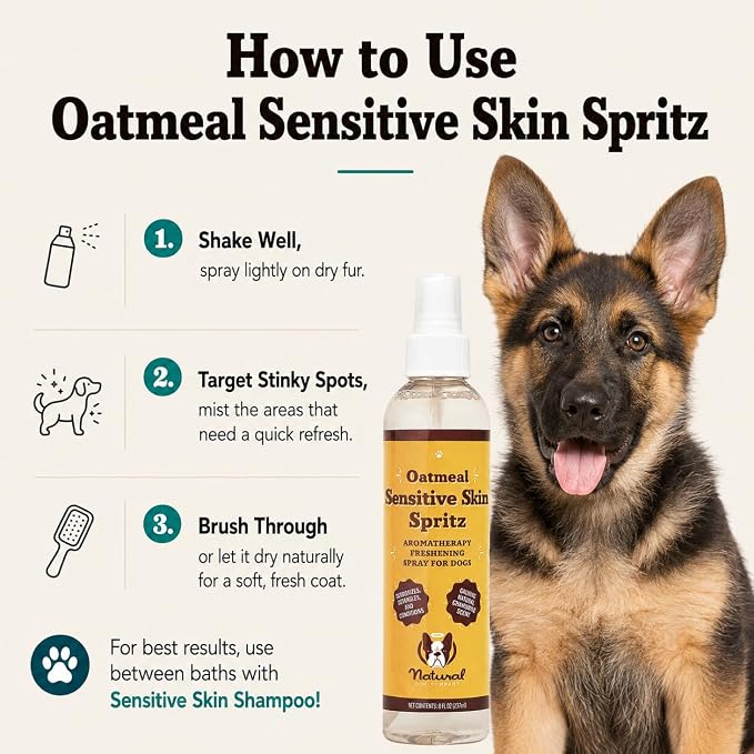Natural Dog Company Sensitive Skin Dog Deodorizing Spray: Ideal with Sensitive Skin Dog Shampoo, Long Lasting Dog Perfume, Dog Spray Deodorizer, Neutral Scented Dog Spray with hints of Lavender, 8 oz