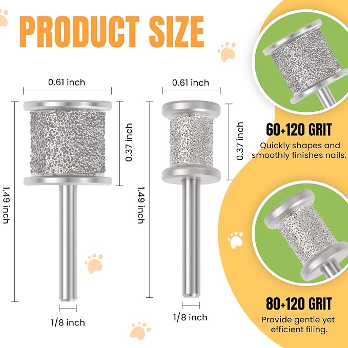 CAELUM 2 Pack Diamond Dog Nail Grinder Bits, Dual Grit 60/120 & 80/120 for Large and Small Dogs, 1/8" Shank Compatible with Dremel Rotary Tools, Low Noise Pet Nail Trimmer Attachment