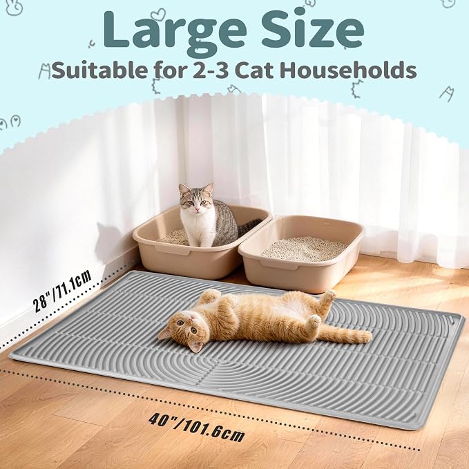 Silicone Cat Litter Mat, 40" x 28" Extra Large Cat Litter Trapping Mat for Litter Box with Raised Edge, Waterproof Cat Litter Tray Mat for Scatter Control, Soft on Kitty Paws, Non-Sip, Easy to Clean