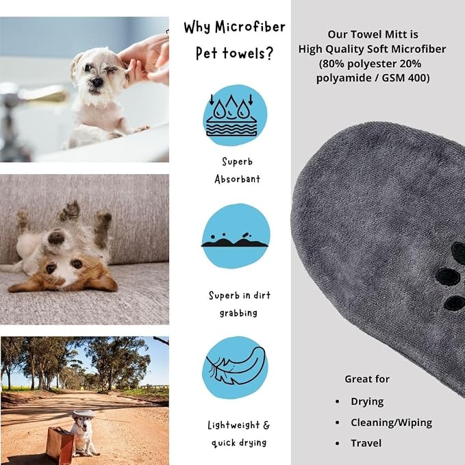 Penny & Niko Microfiber Pet Towel Mitts - Paw Cleaning and Drying Mitts/Gloves for Dogs and Cats (Gray, Large - 2 Pack)