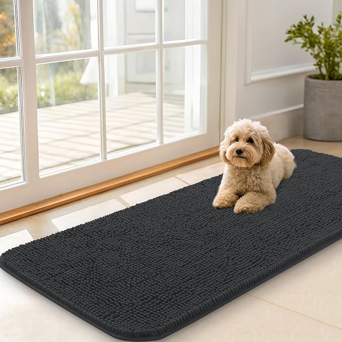 OLANLY Dog Door Mat for Muddy Paws 47x20, Super Absorbent Chenille Mud Mat | Dark Grey, Absorbs Moisture and Dirt, Non-Slip Machine Washable Doormat, Quick-Drying Indoor Entryway Floor Carpet for Dogs