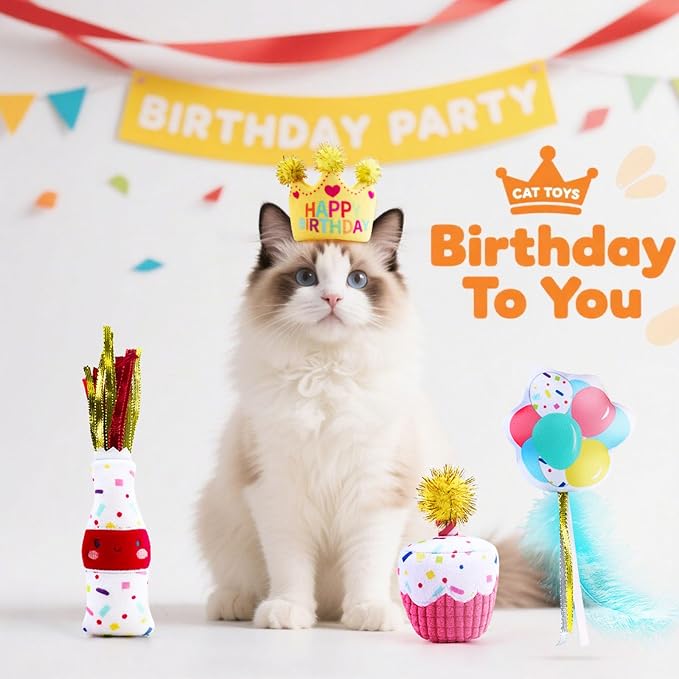 ADABOO 4PCS Cat Birthday Toy Set, Birthday Cake and Crown, Plush Catnip Toy with Crinkle Paper & Tinsel, Soft Interactive Toy, Perfect for Cat Lovers