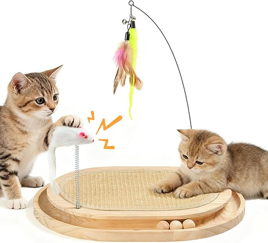 Cat Scratcher, Natural Sisal Scratching Pad, Kitten Interactive Toy with Ball Track & 3 Spring Plush Toys for Chasing Hunting Exercise, Round Wooden Cat Scratchers for Indoor