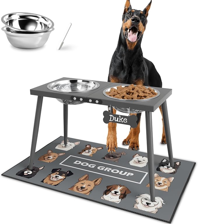 ADENGL Elevated Dog Bowls for Large Extra Large Pet, Raised Dog Bowl Stand with Sprill Proof Mat and Bowls (2000ml/70oz), Pet Food & Water Bowl 15.5" Tall Dogs Feeder for Extra Large Breed, Grey