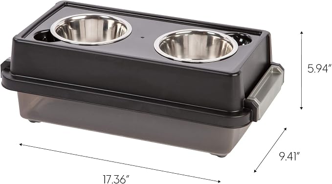 IRIS USA Elevated Dog Bowls with Storage, 6" H Raised Feeding Station, Dog Bowl Stand with Airtight Food Storage Holds 5 lbs, 4 Removable 16 oz Stainless Steel Food and Water Bowls, Smoke/Black