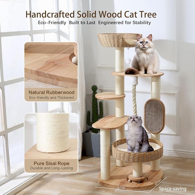 49.6in Solid Wood Cat Tree for Large Cat, Modern Tall Cat Tower | Multi-Level Cat Condo, Cute Aesthetic Design, with Scratching Post, with Hand-Woven Cat Bed, for Indoor Cats, Easy to Clean