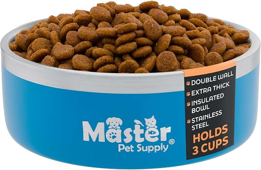 Master Pet Supply Stainless Steel Dog Bowls - 25 oz, Heavy Duty - True Blue, Double Wall Extra-Thick Insulated, Non-Slip Pet Water Bowl for Dogs, Cats & Pets, Anti Rust Metal, Dish Washer Safe