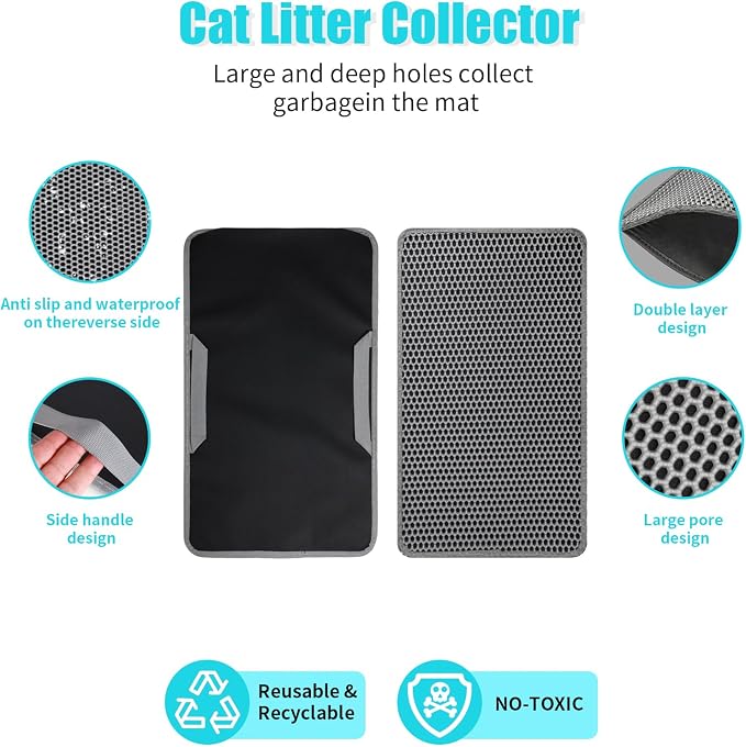 Cat Litter Mat 35"x24", Double Layer Waterproof Litterbox Mat, Gray | Non-slip backing, washable for easy cleanup, traps stray litter with waterproof honeycomb large grid that is urine-proof.