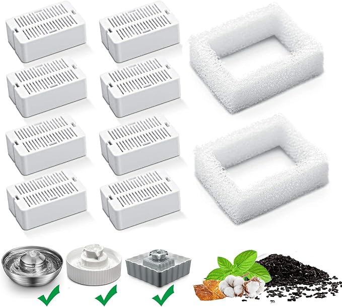 Cat Water Fountain Replacement Filter, 8 Pack Cat Fountain Carbon Filters and 2 Pack Foam Filters for Ceramic Pet Drinking Fountain and Stainless Steel Pet Water Fountain (8+2 Pack)