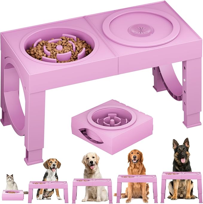 XIAZ Elevated Dog Bowls Large Breed Raised Dogs Bowl Stand Large/Medium Sized Dog Slow Feeder Dogs Bowls Food Water Stands 5 Heights Adjustable 9/11/12/14in Pet Feeder Dish Station