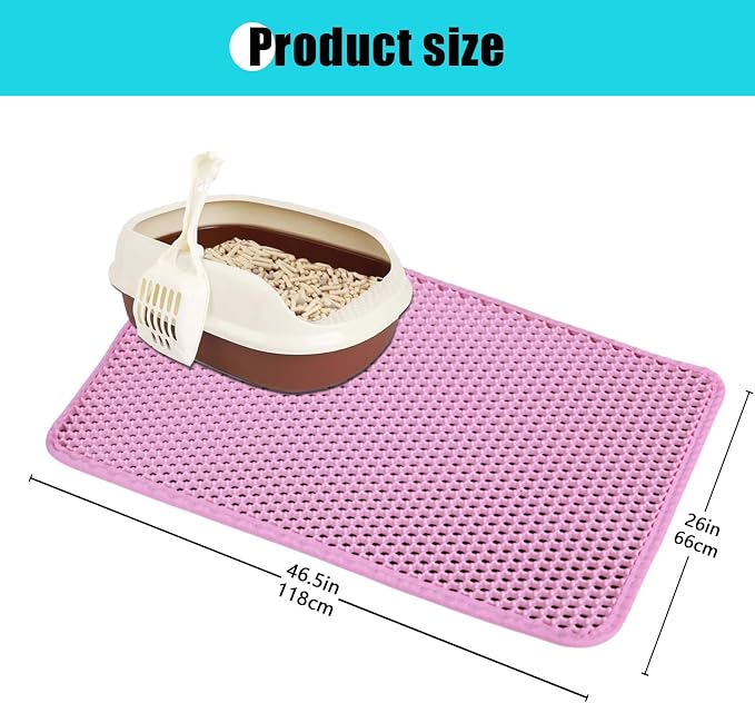 Cat Litter Mat 26"x46.5", Double Layer Waterproof Litterbox Mat, Pink | Non-slip backing, washable for easy cleanup, traps stray litter with waterproof honeycomb large grid that is urine-proof.