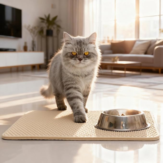 Cat Litter Mat Cat Litter Trapping Mat, 30 x 22 inch Honeycomb Double Layer Design, Urine and Water Proof Material, Scatter Control, Less Waste, Easier to Clean, Washable yellow