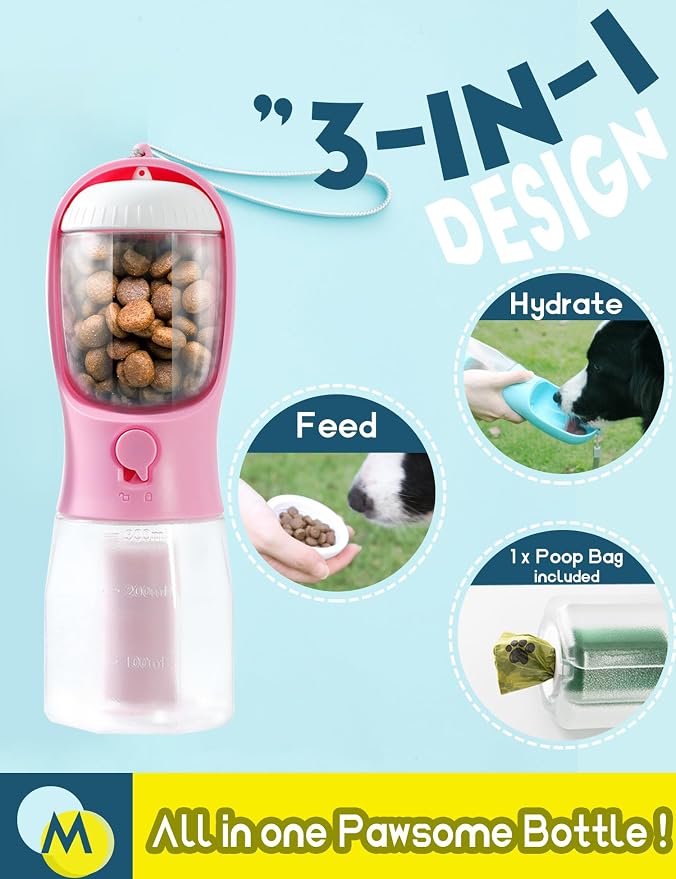Portable Water Bottle for Small Dogs, 3 in 1 Animal Pet Travel Bowl Dispenser with Food Treat Container & Poop Bag Holder, Summer Hiking Walking Accessories for Puppy On The Go - Pink, 10oz