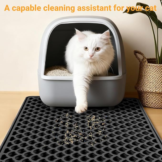 Double-Layer Silicone Cat Litter Mat – Non-Slip, Waterproof & Easy-to-Clean | Also Great as a Dish Drying or Pet Feeding Mat (18x12.5,Black）