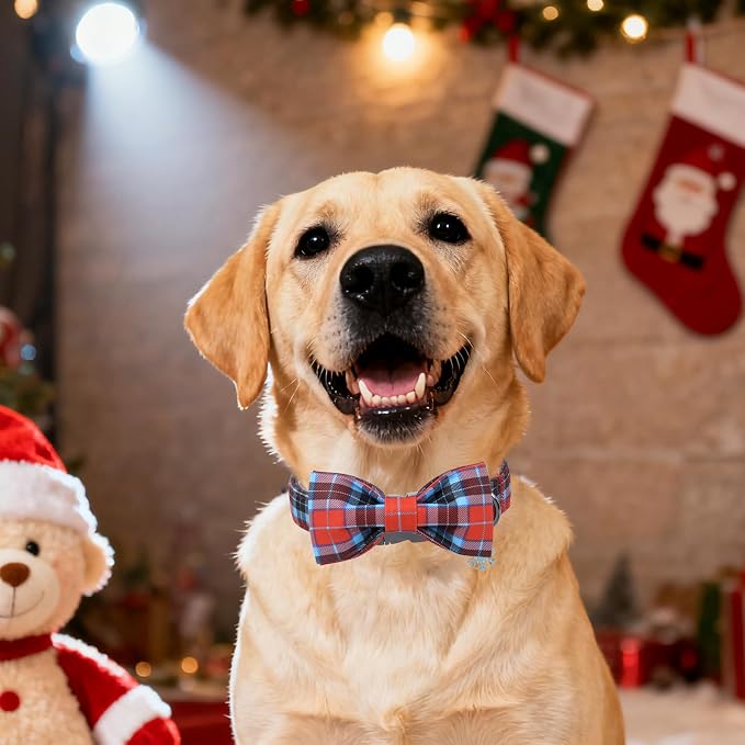 DOGWONG Christmas Dog Collar with Bow Tie, Red Blue Plaid Dog Collar Durable Metal Buckle Adjustable Soft & Cute Red Checkered Dogs Collars for Small Medium Large Dogs, L