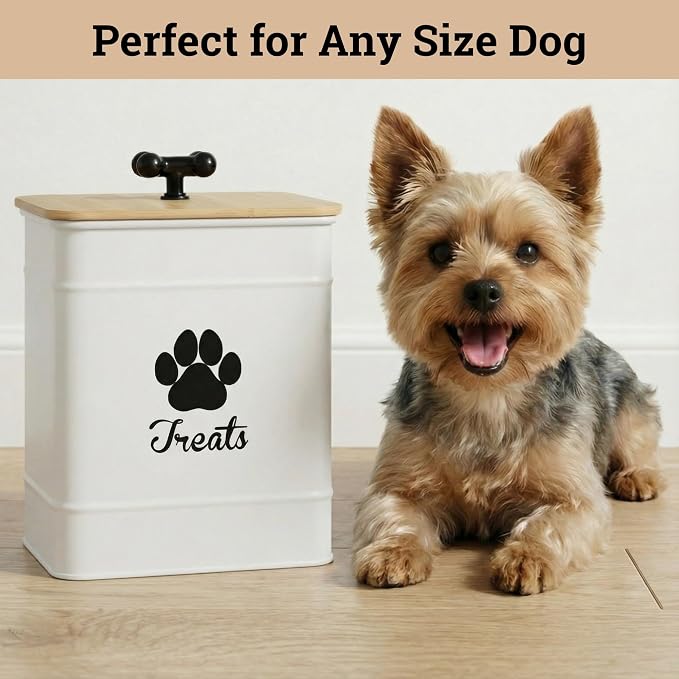 Dog Treat Container Airtight - 6 Inch Wide x 8 Inch Tall Iron Dog Treat Jar for Kitchen Counter with Airtight Bamboo Lid - 12 Cup Capacity Pet Treat Container - Doggie Cookie Jar - Big Treats Canister
