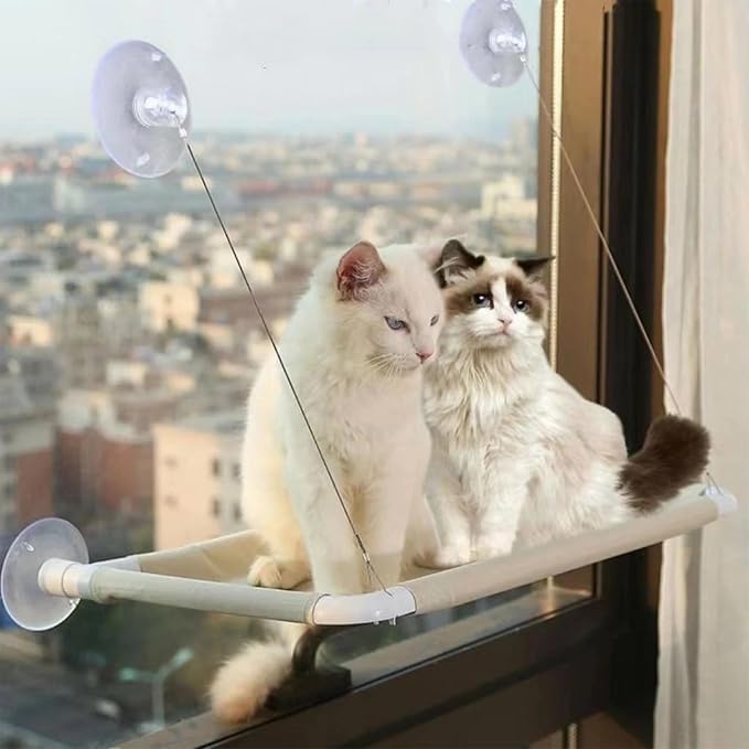 Khaki Cat Window Hammock Perch Cat Safety Sunny Bed with Durable Heavy Duty | Suction Cups Resting Sunny Window Seat for Indoor Cats Sleeping Space Saving Mounted Bed