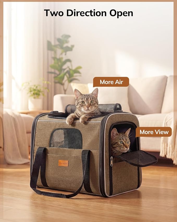 Morpilot Cat Carrier - Cat Carrier Soft for Medium or Large Cats up to 20lbs, with Dual-Sided Cushion, Secure Buckle and Foldable Bowl, Dog Carriers for Small Dogs - Pet Carrier (Brown)