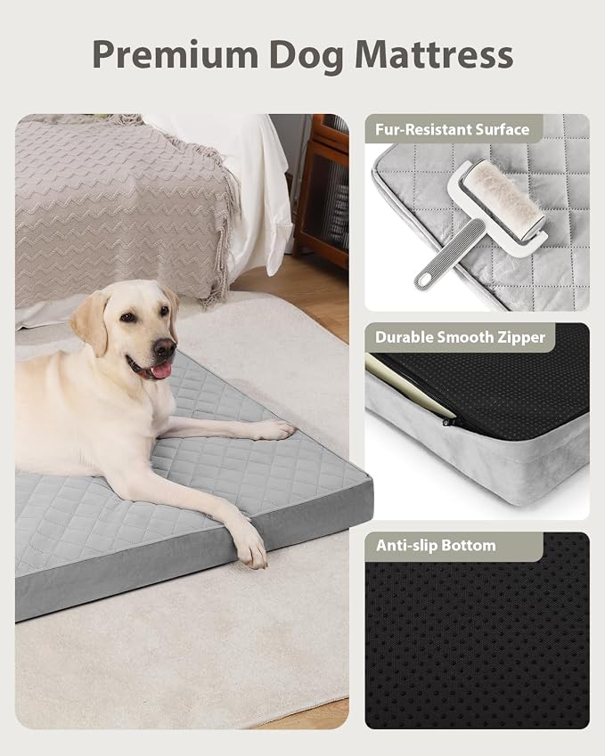 NUPIDA Orthopedic Dog Beds for Extra Large Dogs, 47x29 Inch, Light Gray | Waterproof, Removable Machine Washable Cover with Zipper, Non-Slip Bottom, Egg Crate Foam, Cozy Velvet, Fit Dog Crate kennel